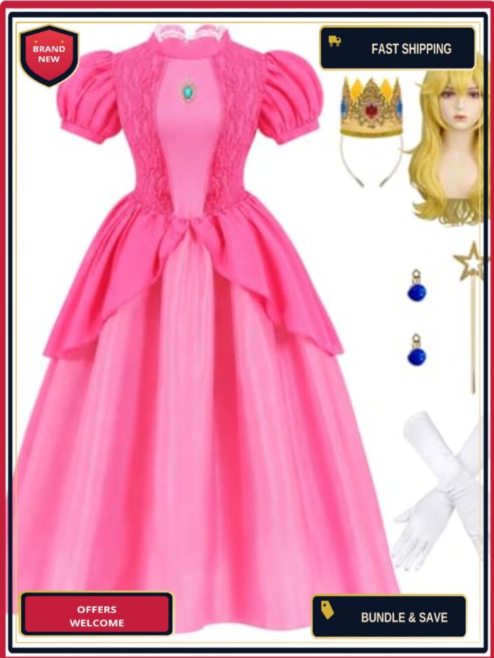 Princess Costume Set Puff Sleeve Gown with Wig Crown Wand Gloves for Halloween